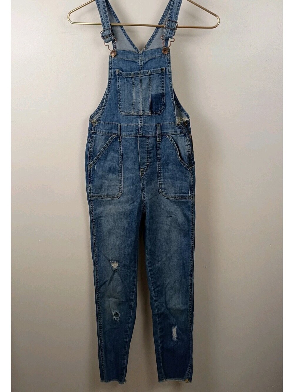 OshKosh B'gosh Girls Denim Overalls Blue Jeans Size 10 Adjustable Straps Raw Hem